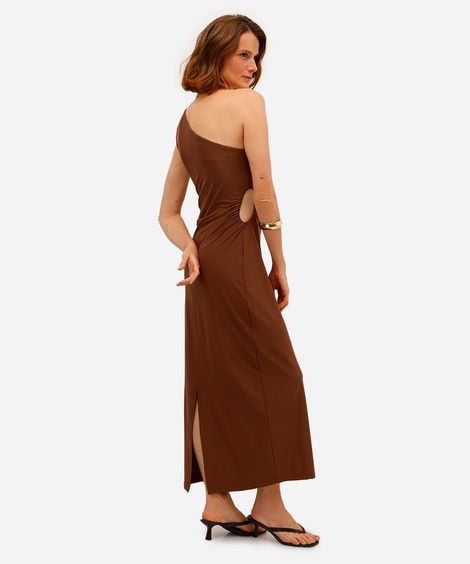 vestido midi feminino ombro único com recorte e franzidos marrom