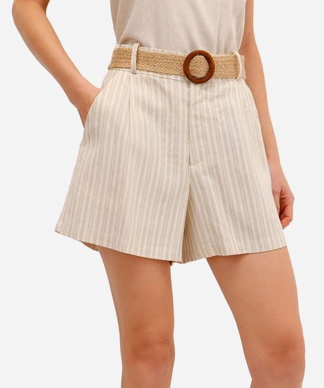 short feminino com linho e cinto listrado bege