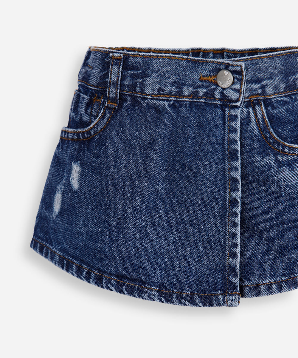 short saia infantil jeans transpassado azul