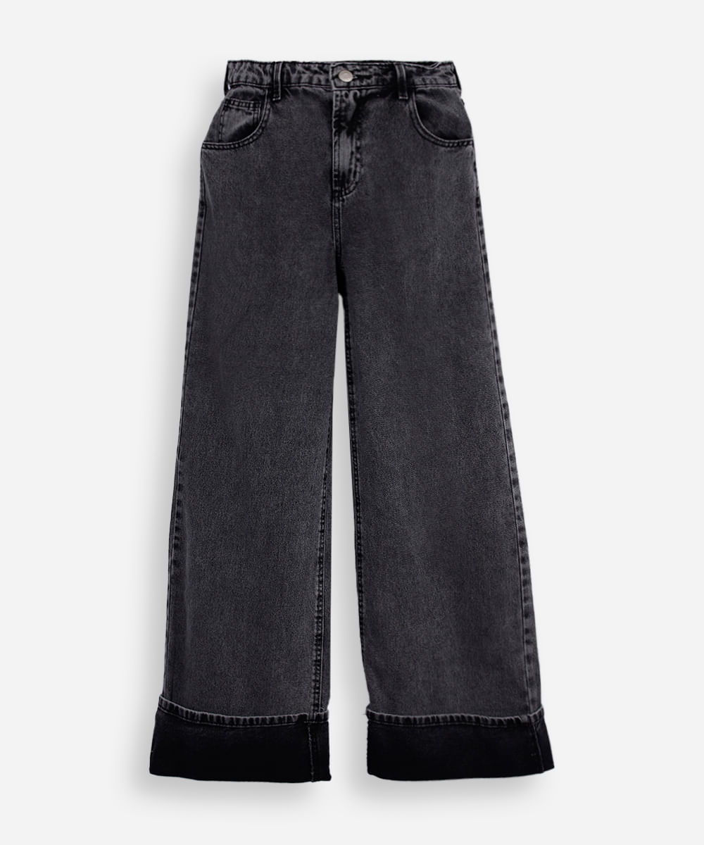 calça wide leg infantil barra dobrada preta