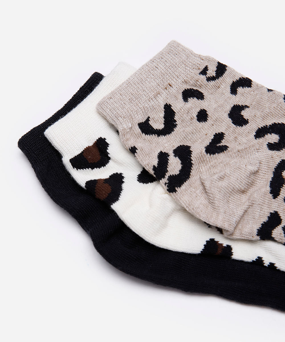kit de 3 meias cano médio animal print colorido