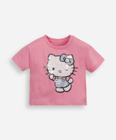 camiseta infantil de algodão hello kitty com paetê rosa