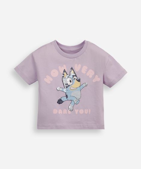 camiseta infantil de algodão bluey com paetê lilás