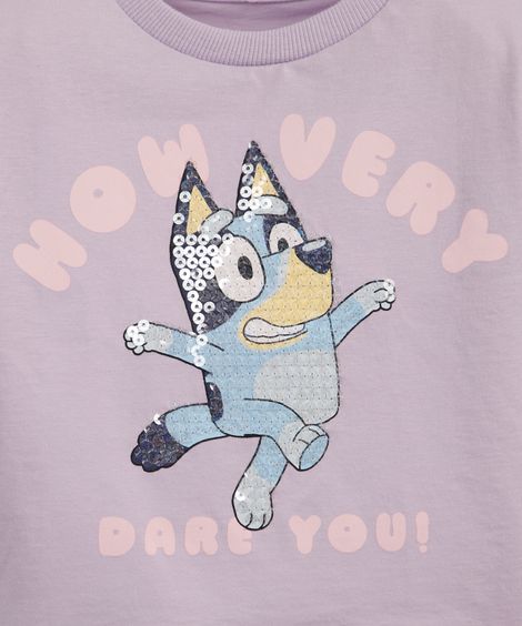 camiseta infantil de algodão bluey com paetê lilás