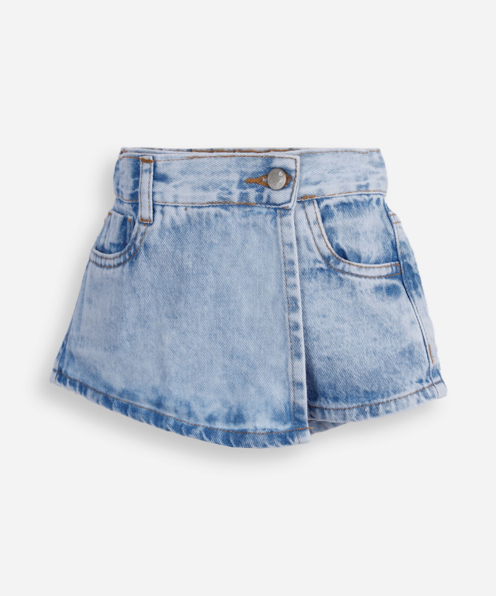 short saia jeans infantil transpassado marmorizado azul