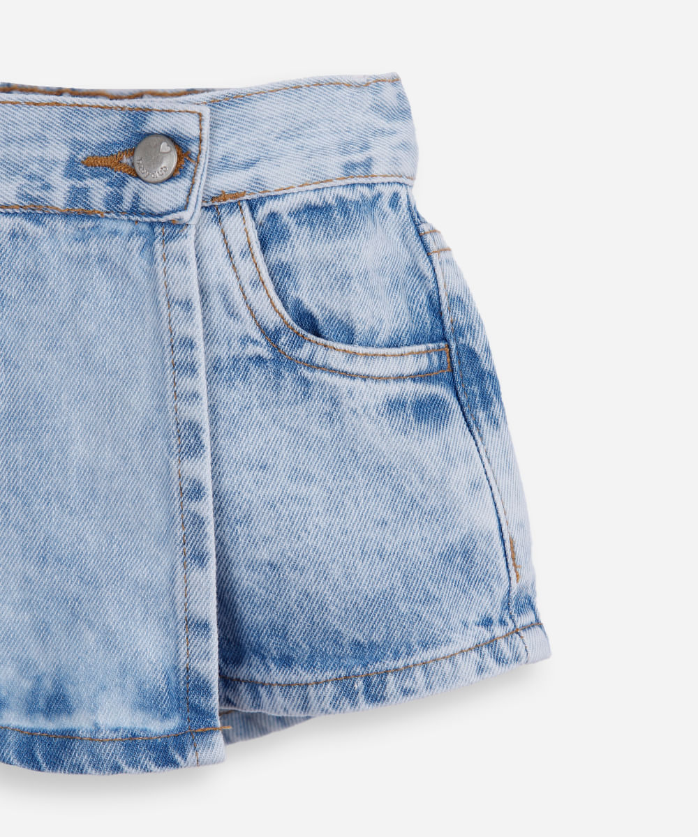short saia jeans infantil transpassado marmorizado azul