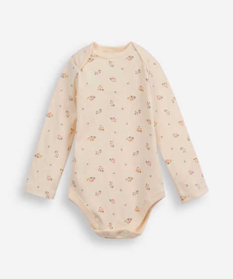 body infantil de algodão manga longa floral bege