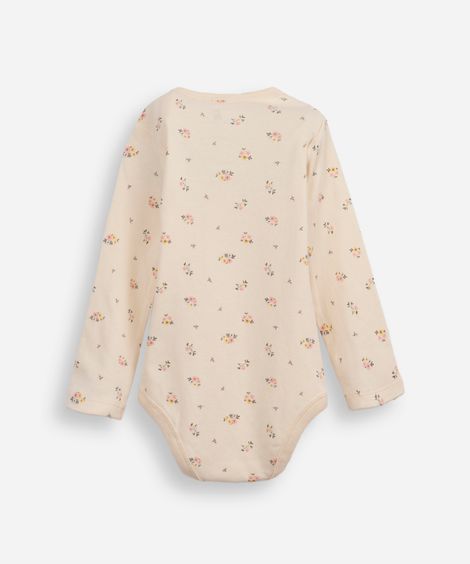 body infantil de algodão manga longa floral bege
