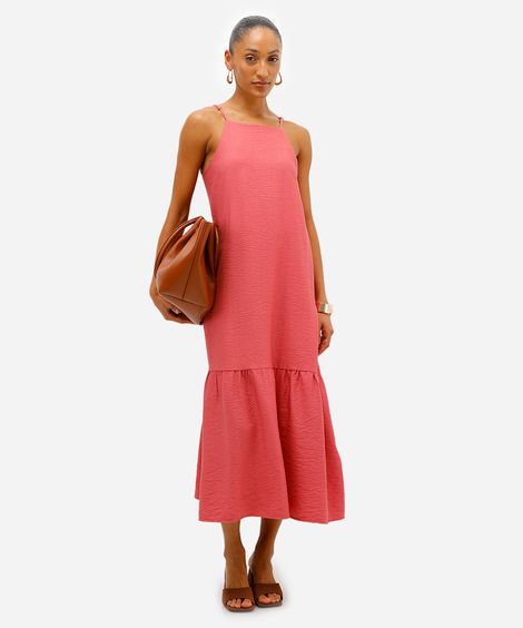vestido midi feminino de viscose com recorte texturizado rosa