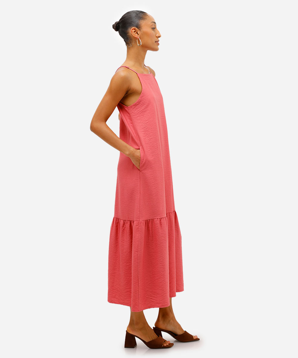 vestido midi feminino de viscose com recorte texturizado rosa