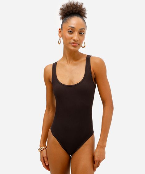 body básico feminino de poliamida canelado marrom