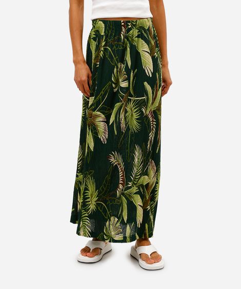 saia longa feminina folhagens plissada verde