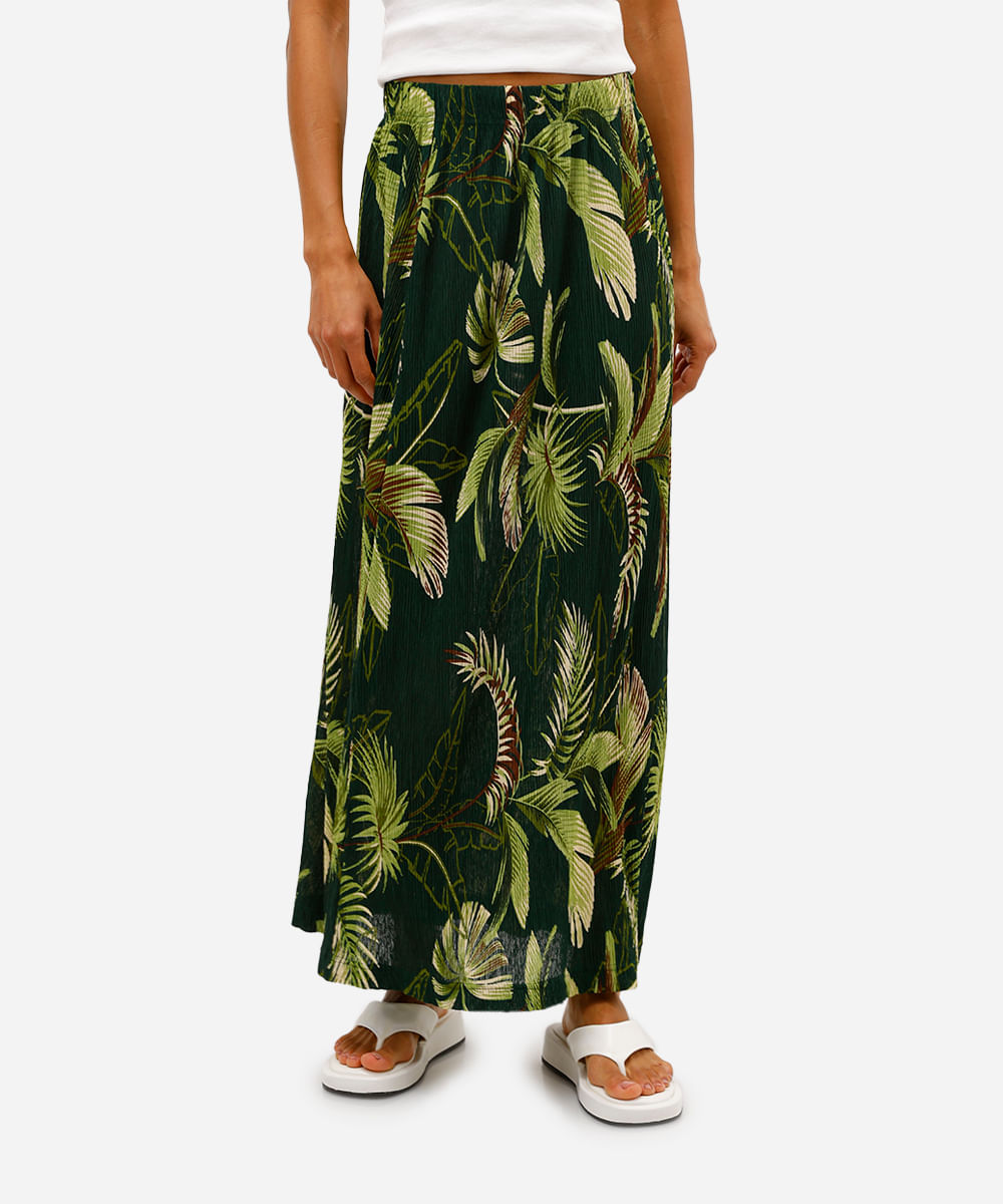 saia longa feminina folhagens plissada verde