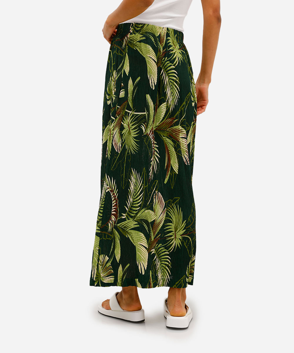 saia longa feminina folhagens plissada verde