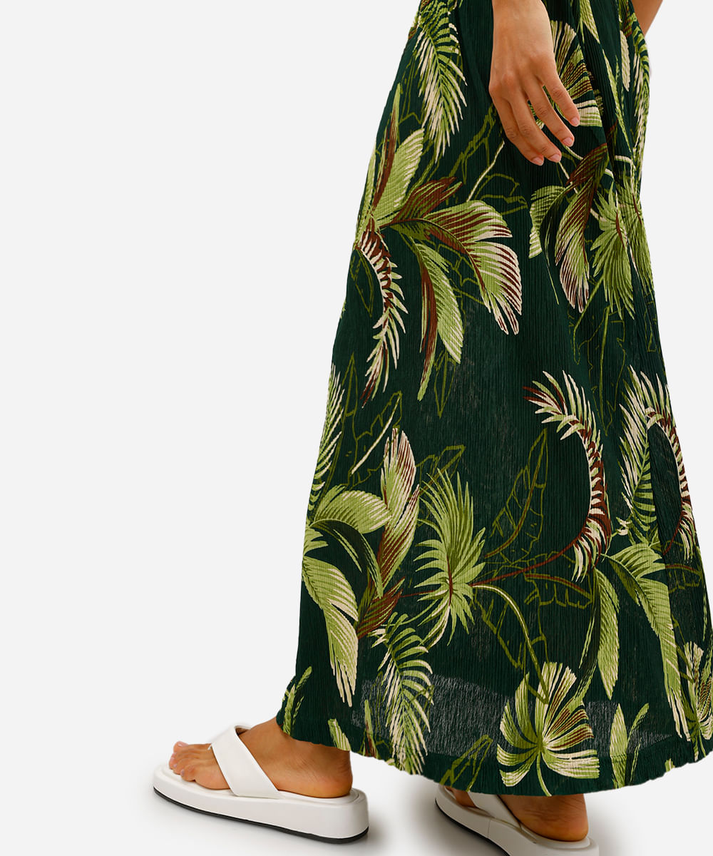 saia longa feminina folhagens plissada verde