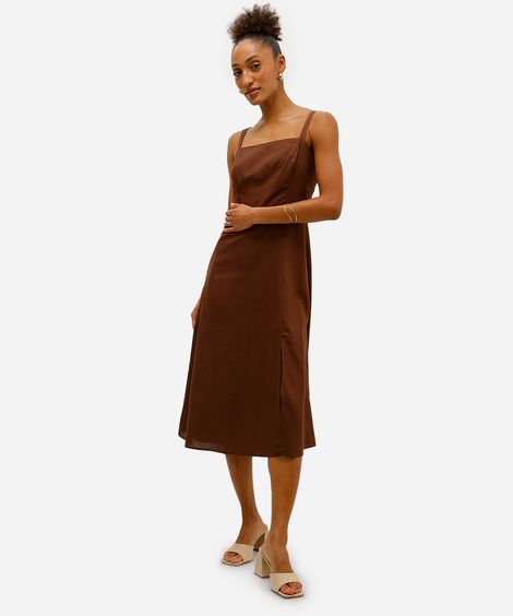 vestido midi feminino com linho decote quadrado  marrom