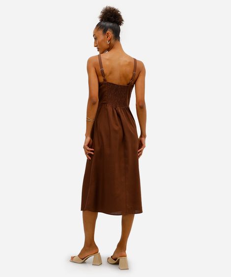 vestido midi feminino com linho decote quadrado  marrom
