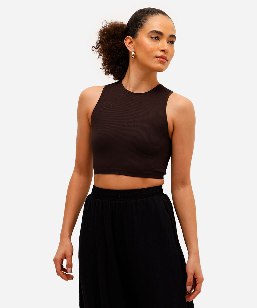 top cropped feminino halter neck de poliamida marrom