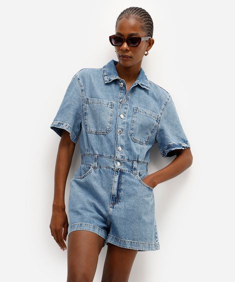 macaquinho feminino jeans manga curta azul