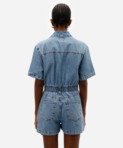 macaquinho feminino jeans manga curta azul