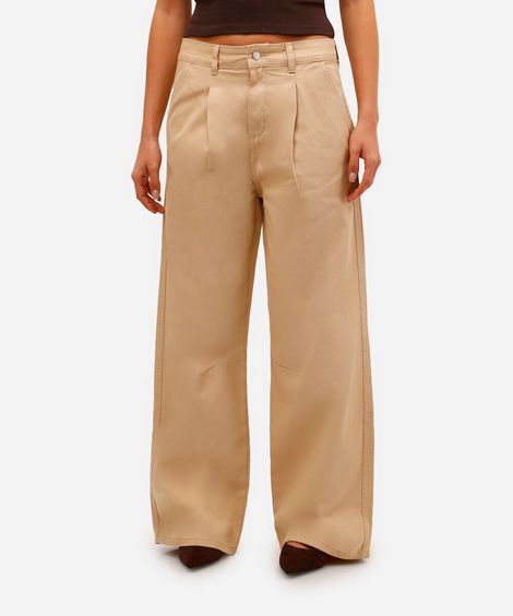 calça skater feminino de sarja cintura média bege