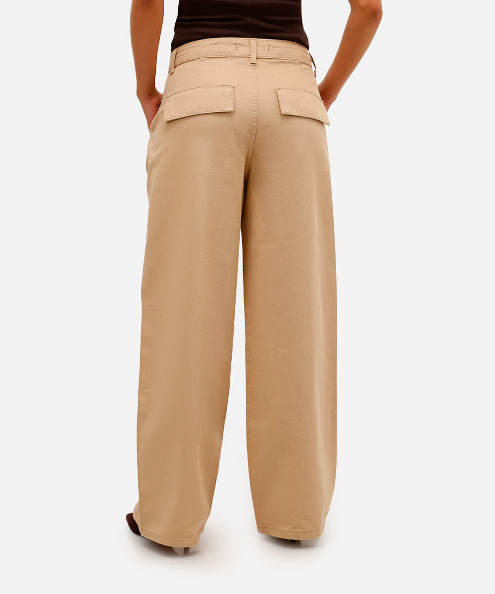 calça skater feminino de sarja cintura média bege