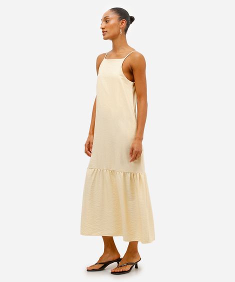 vestido midi feminino de viscose com recorte texturizado amarelo