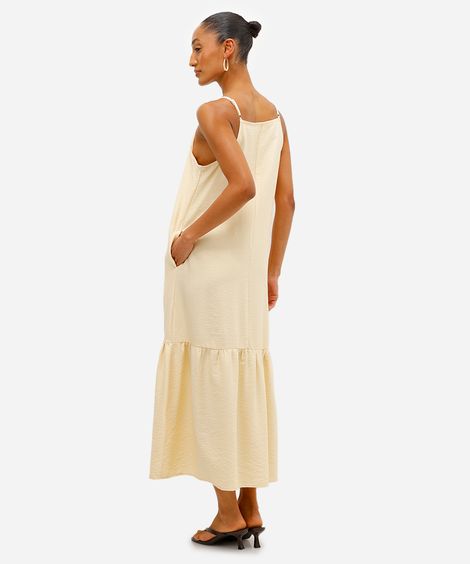 vestido midi feminino de viscose com recorte texturizado amarelo