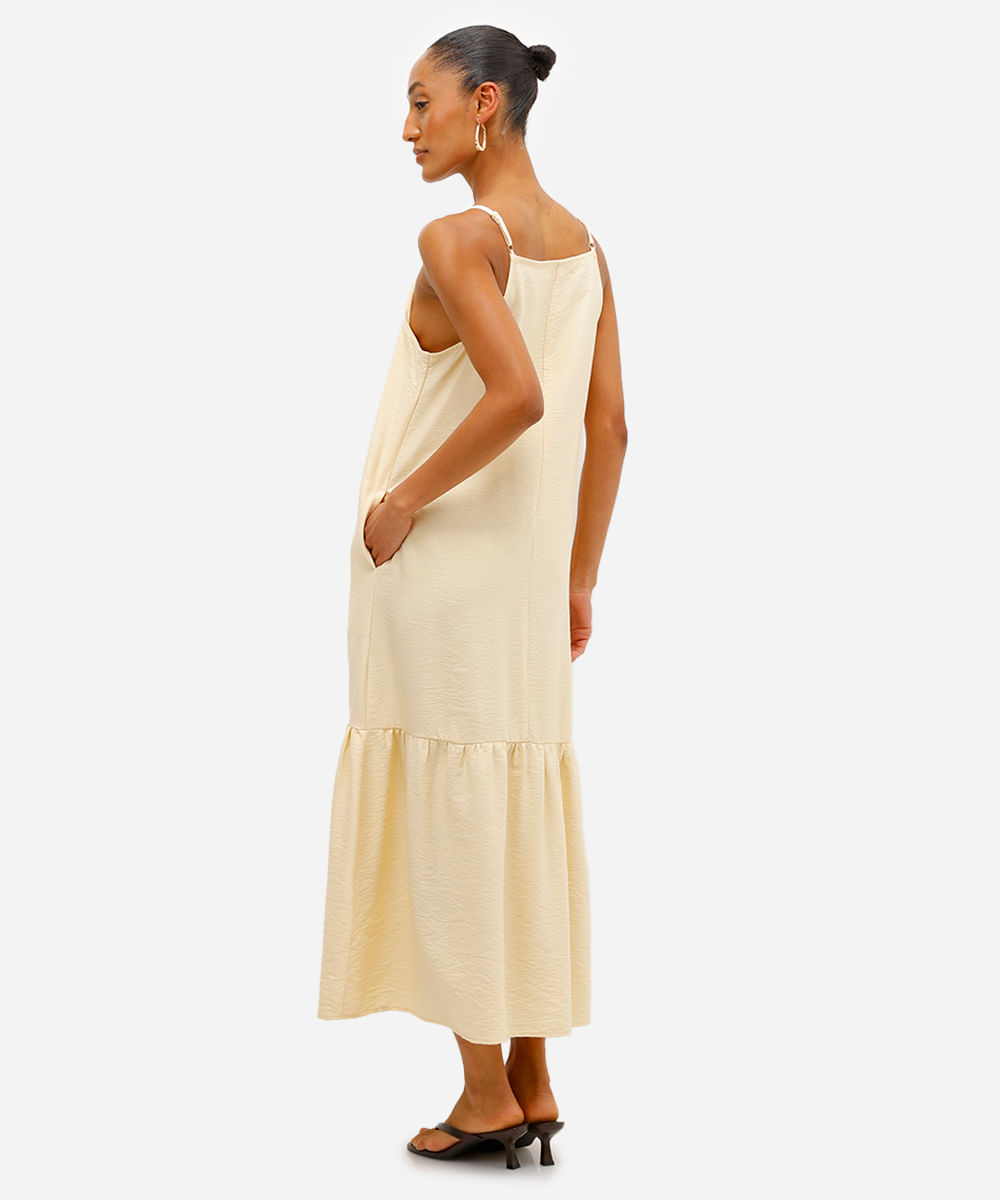 vestido midi feminino de viscose com recorte texturizado amarelo