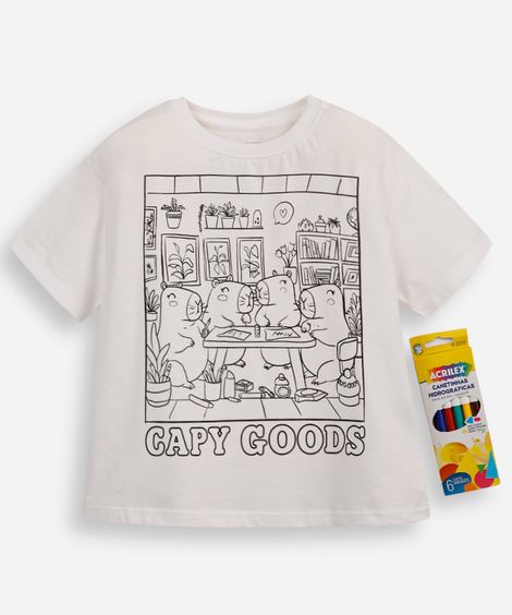 camiseta infantil capygoods com brinde canetinhas laváveis off white