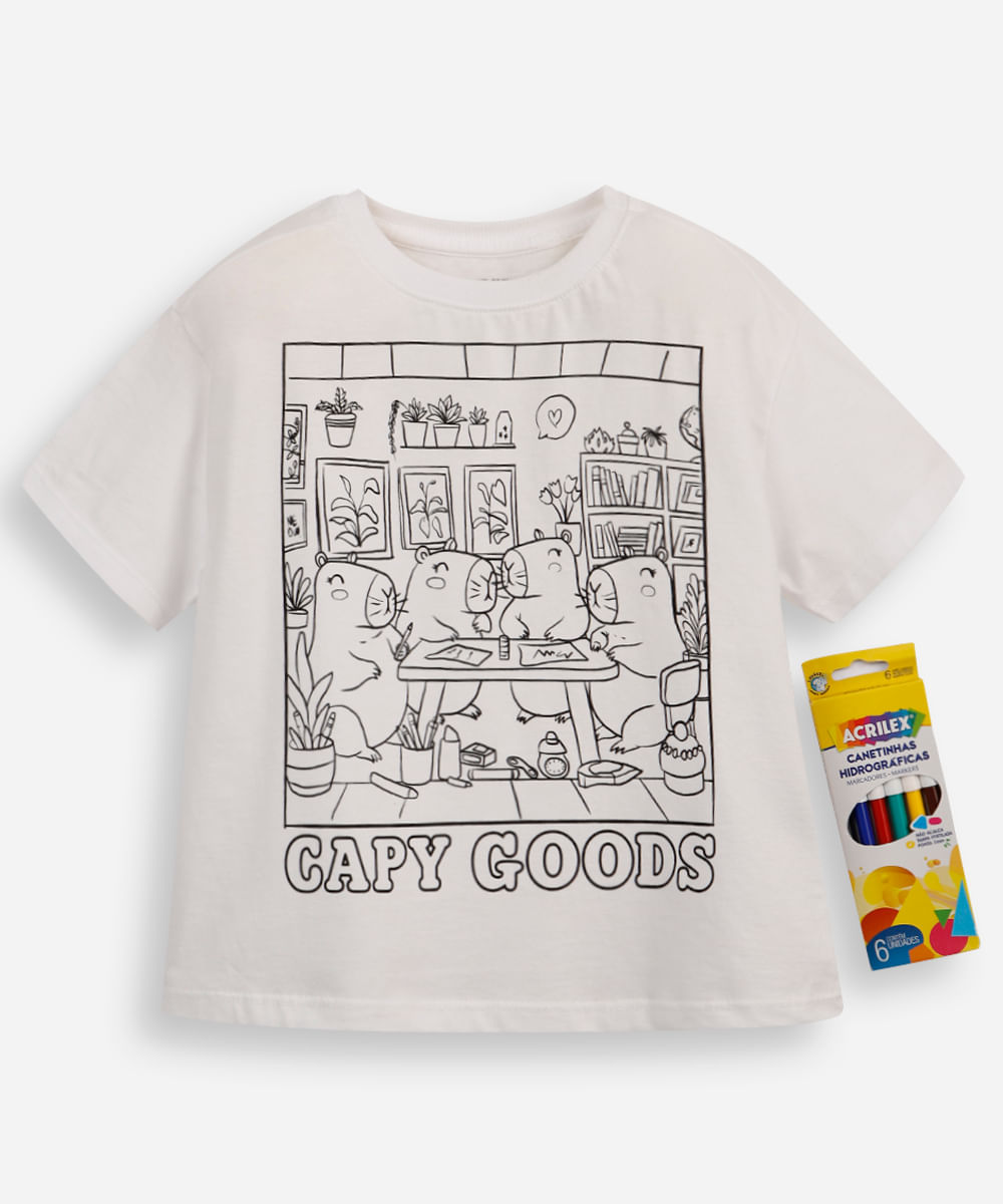 camiseta infantil capygoods com brinde canetinhas laváveis off white