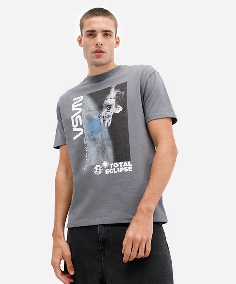 camiseta masculina de algodão nasa manga curta cinza