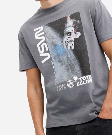 camiseta masculina de algodão nasa manga curta cinza