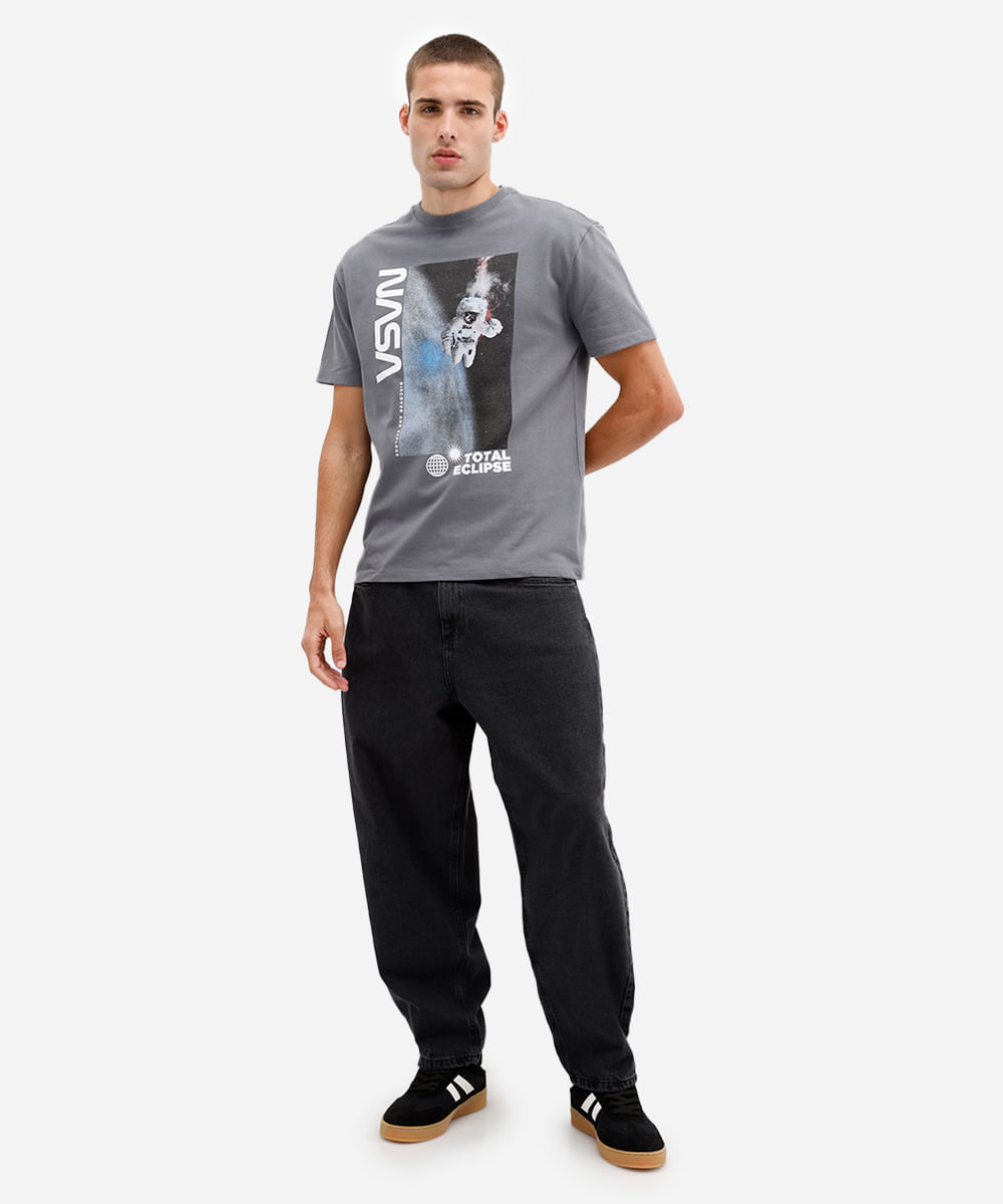 camiseta masculina de algodão nasa manga curta cinza