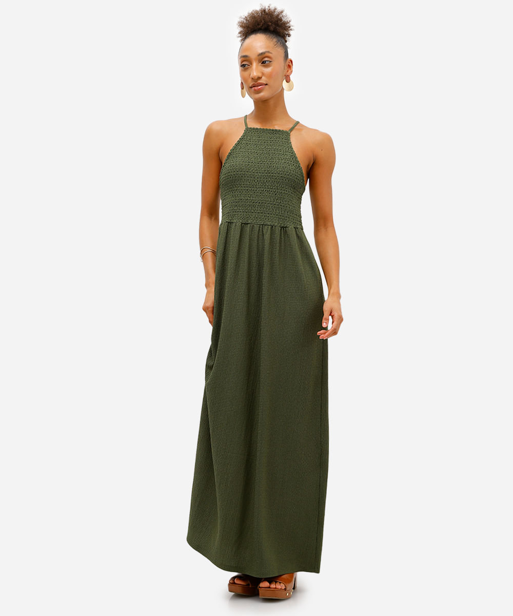 vestido midi feminino alça fina texturizado verde