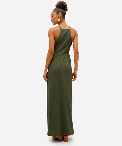 vestido midi feminino alça fina texturizado verde