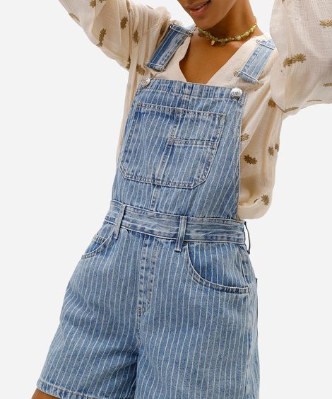 jardineira curta feminina jeans listrada azul