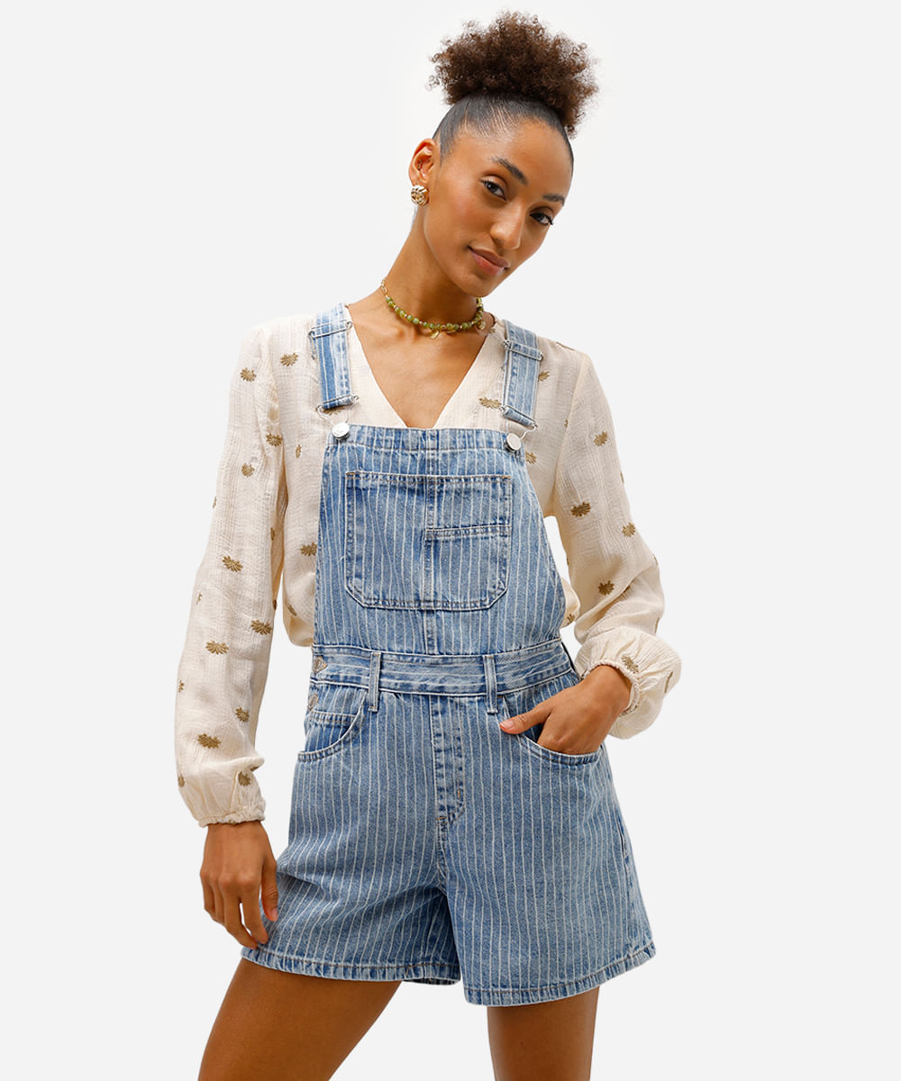 jardineira curta feminina jeans listrada azul