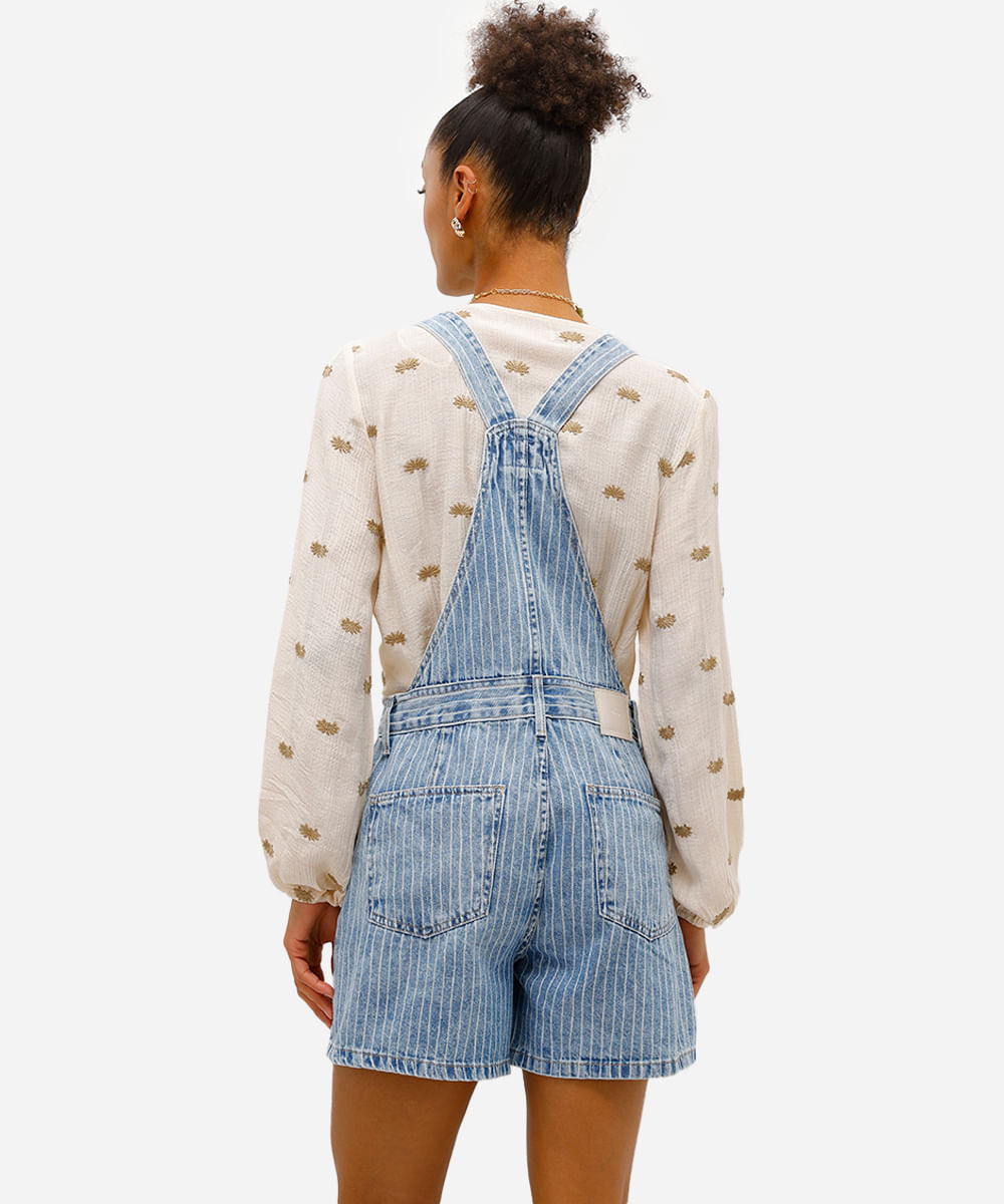 jardineira curta feminina jeans listrada azul