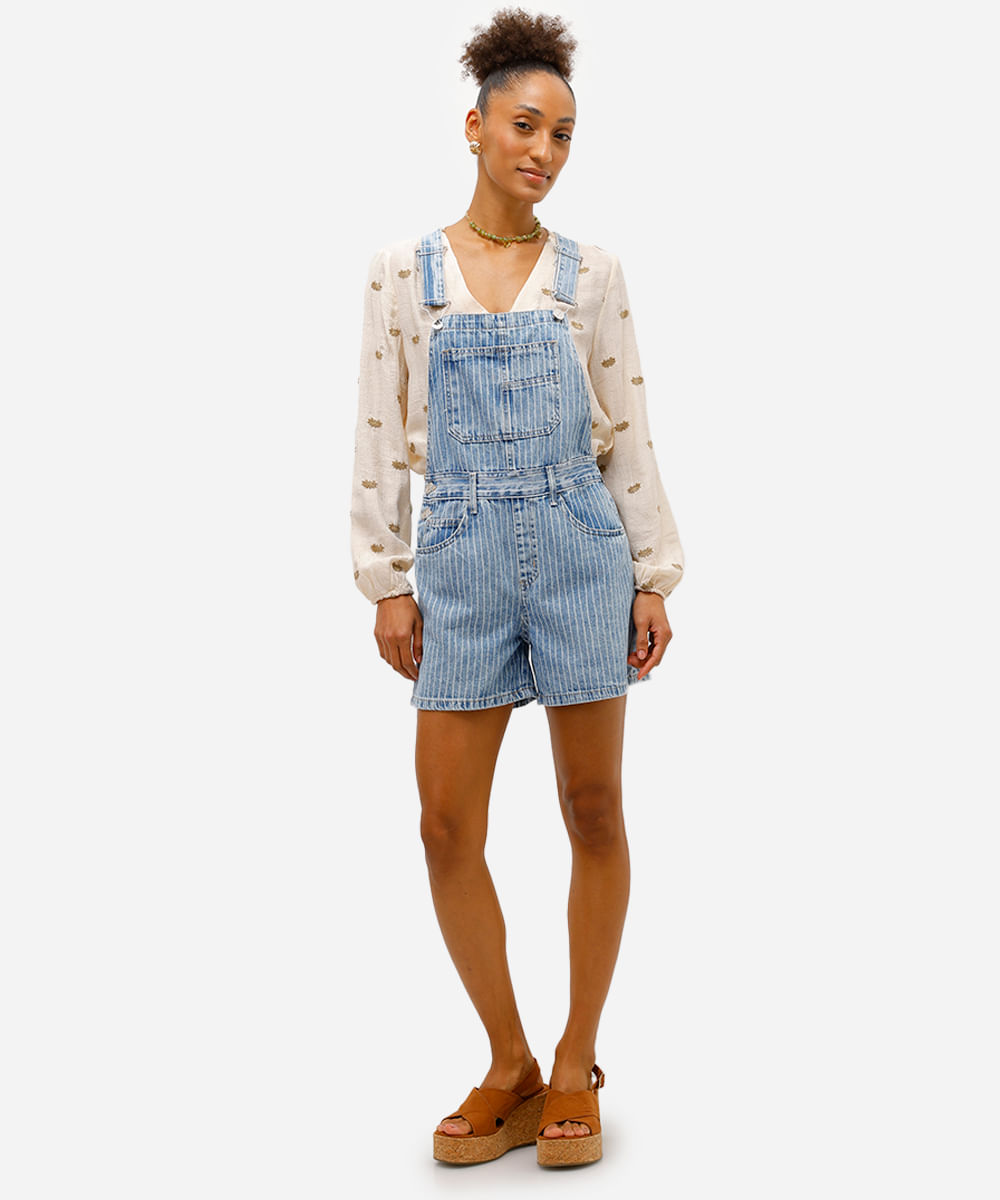 jardineira curta feminina jeans listrada azul