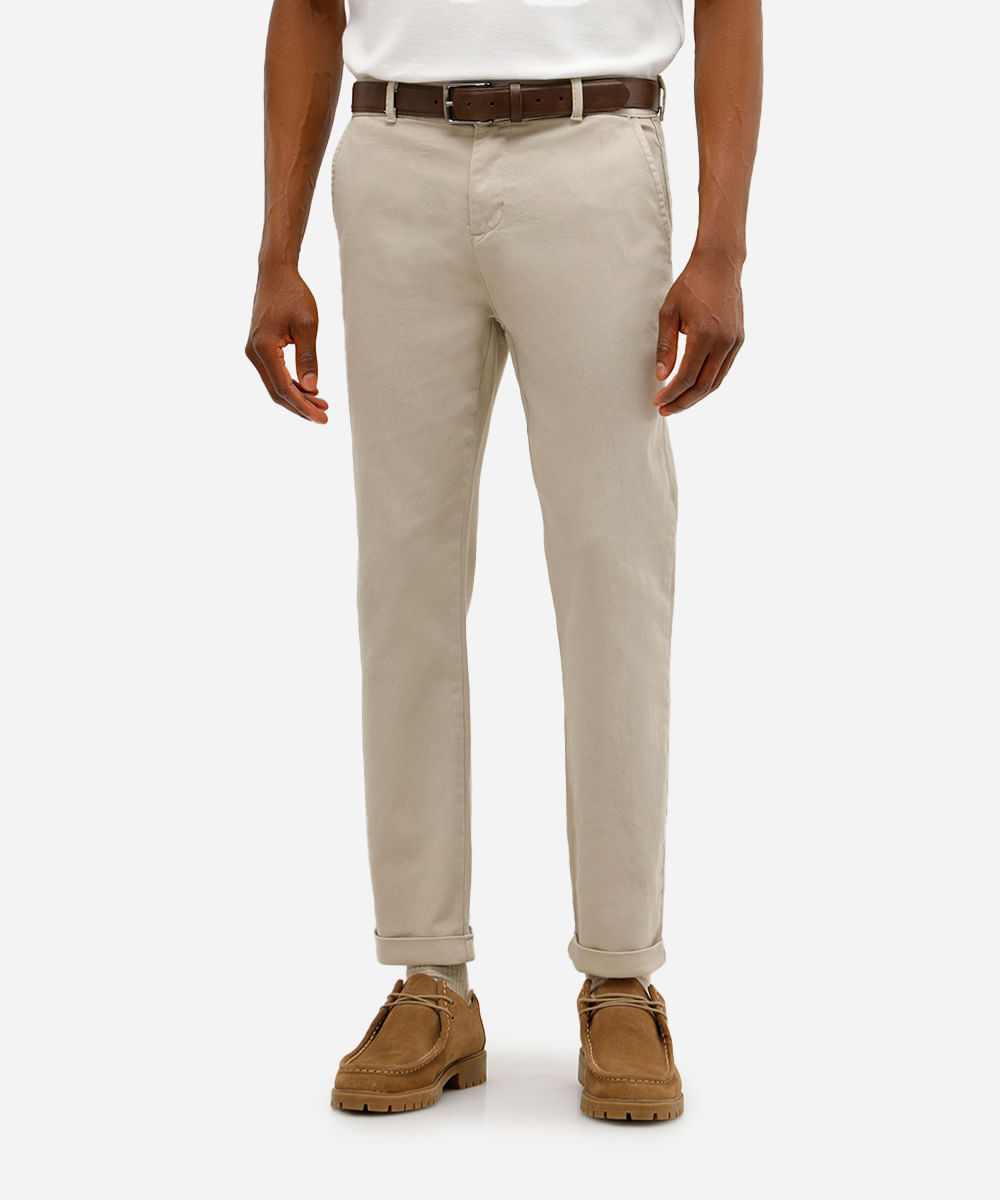 calça slim masculina de sarja bege