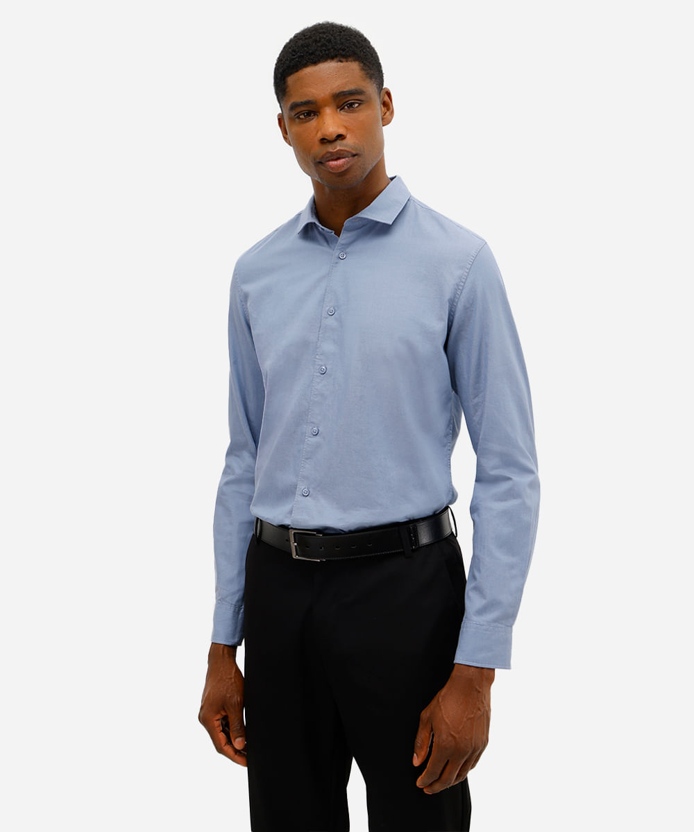 camisa slim fit masculina de algodão azul