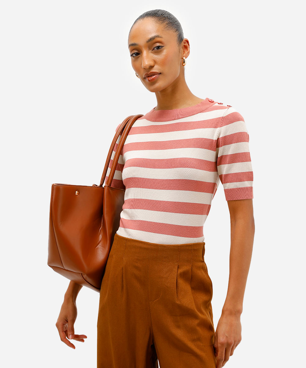blusa feminina de tricot listrada rosa