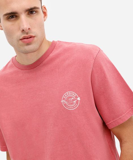 camiseta masculina de algodão estonada e estampada vermelha