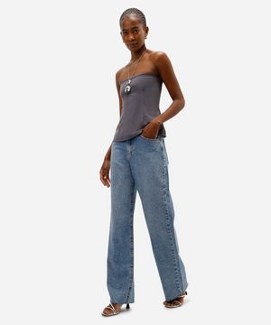 calça jeans wide leg slim com brilho cintura super alta azul
