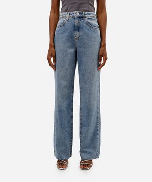 calça jeans wide leg slim com brilho cintura super alta azul