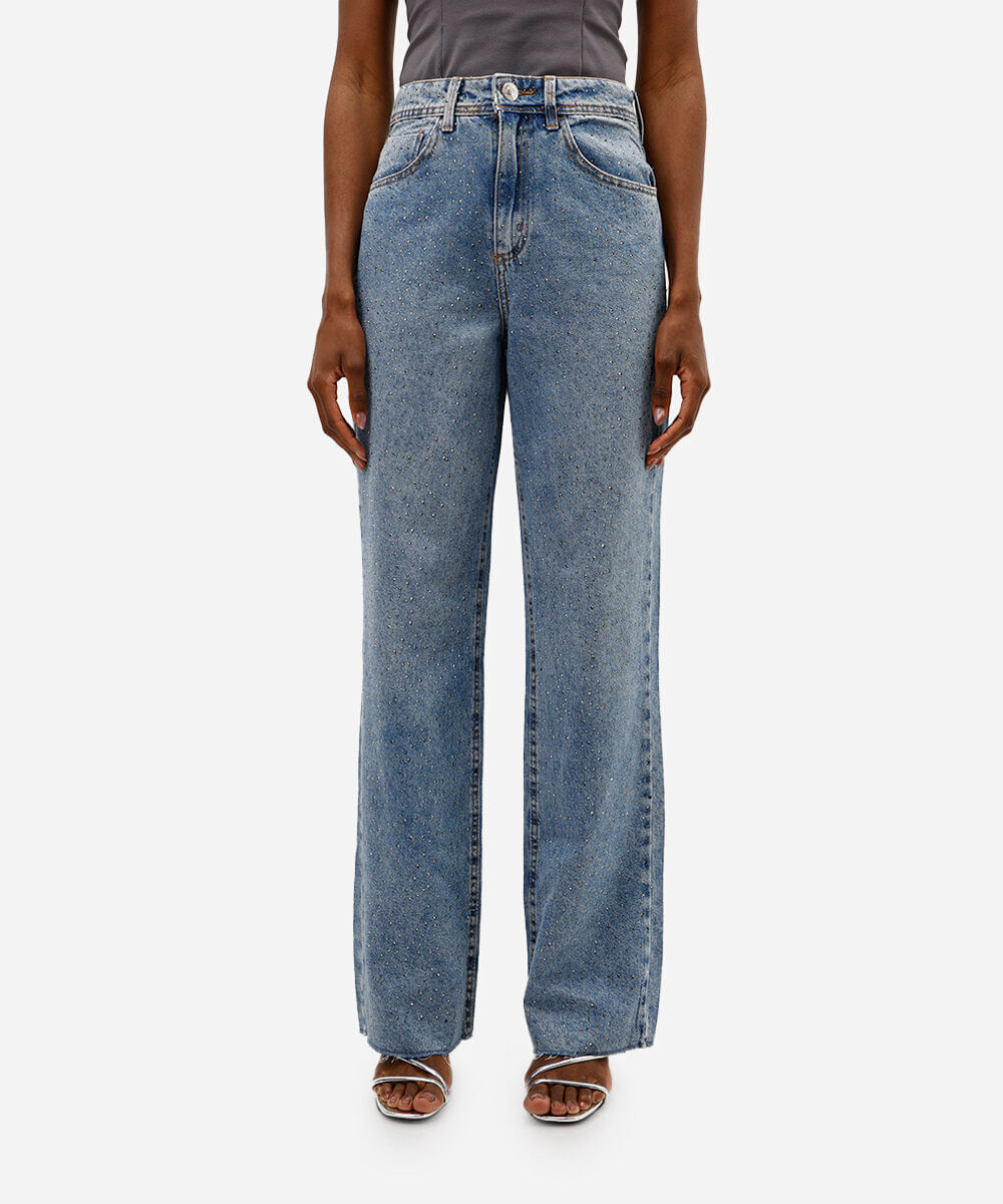 calça jeans wide leg slim com brilho cintura super alta azul