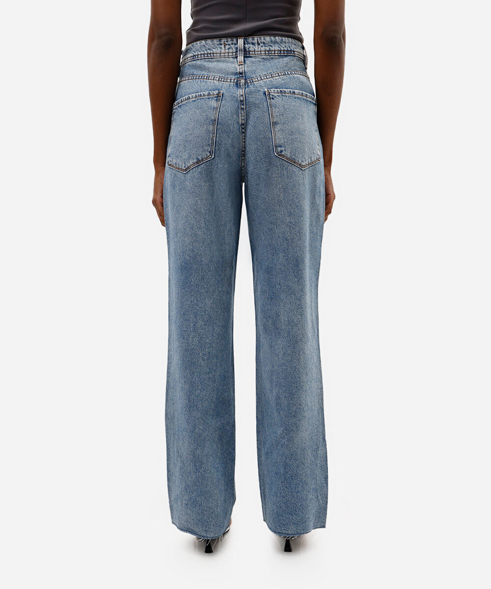 calça jeans wide leg slim com brilho cintura super alta azul