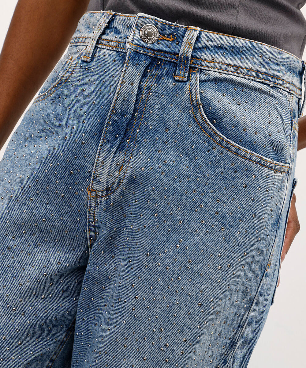 calça jeans wide leg slim com brilho cintura super alta azul