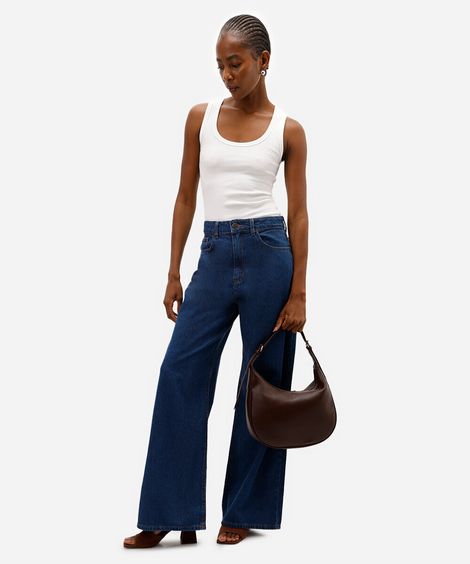 calça wide leg feminina jeans cintura alta azul